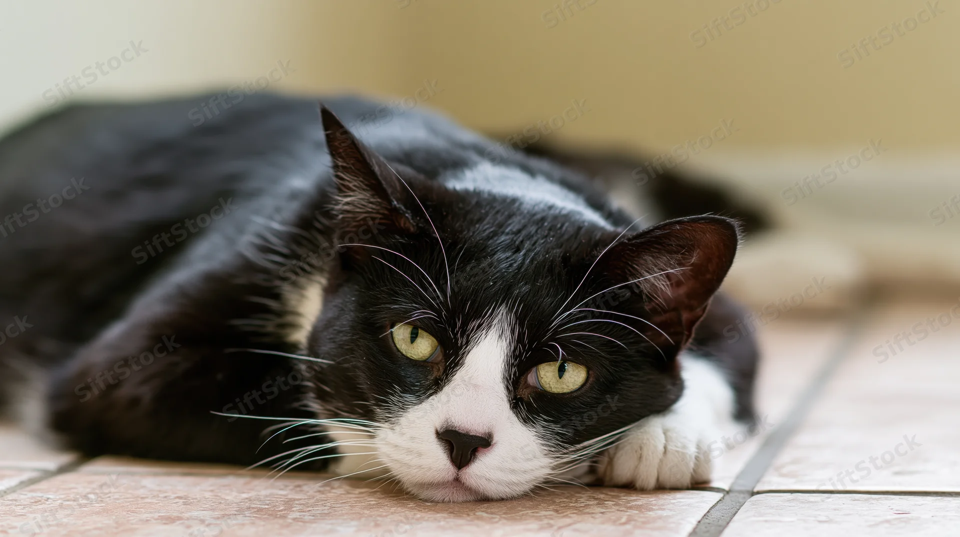 Black and white tuxedo cat lying flat on tiled floor with chin resting on surface