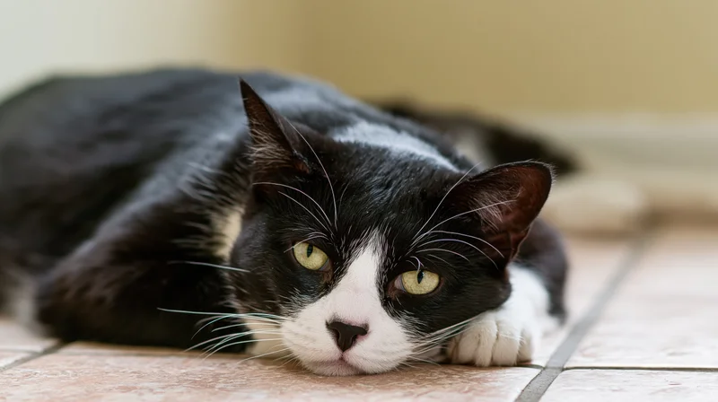Black and white tuxedo cat lying flat on tiled floor with chin resting on surface