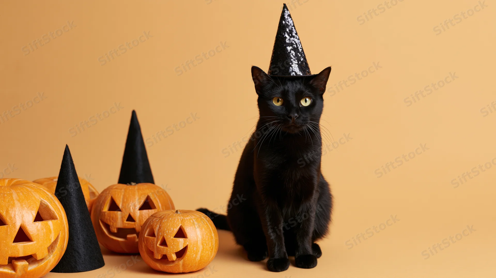 Black cat wearing a glittery witch hat sitting upright beside carved pumpkins on a plain orange background