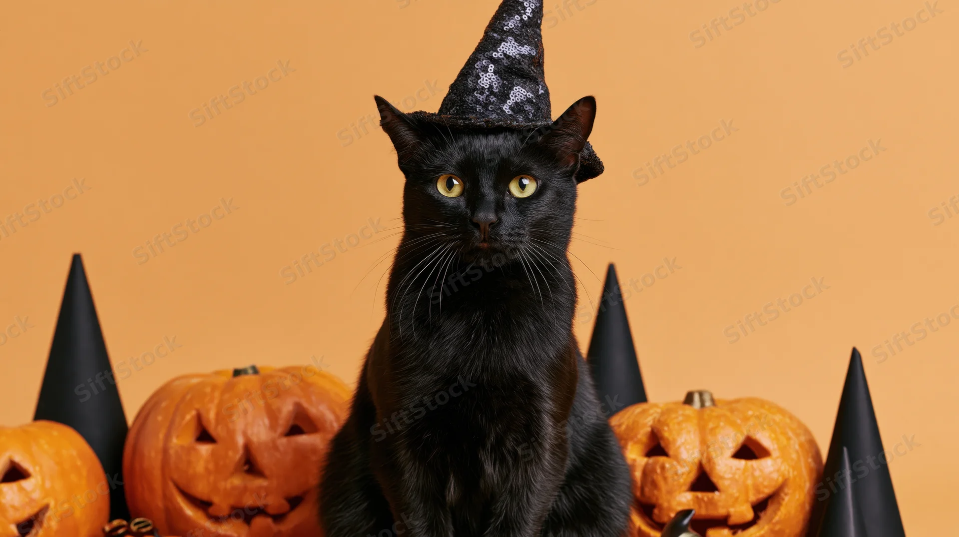 Black cat wearing glittery witch hat sitting upright among carved pumpkins and black cones on orange background