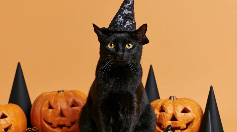 Black cat wearing glittery witch hat sitting upright among carved pumpkins and black cones on orange background