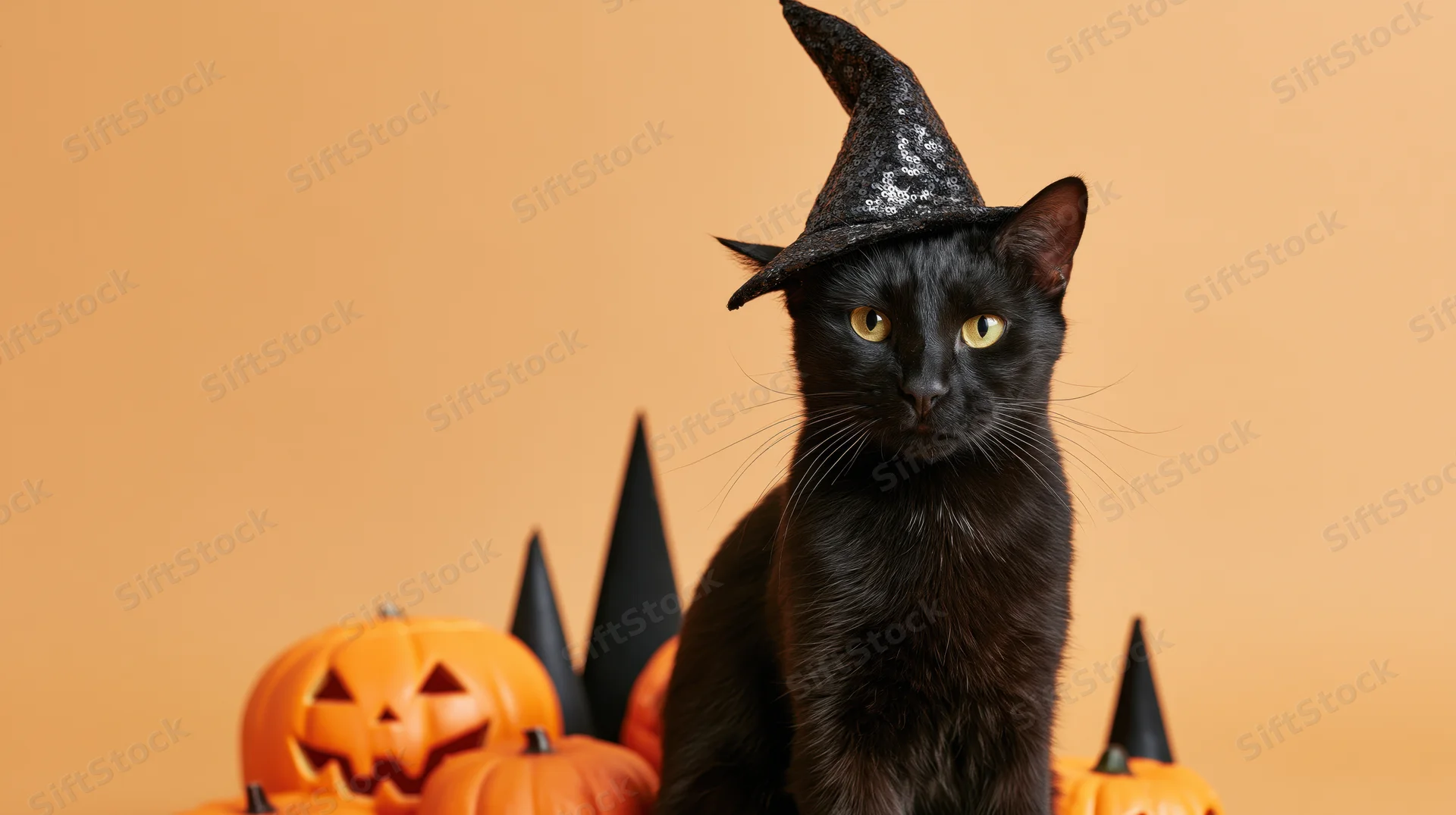 Black cat wearing a glittery witch hat sitting upright among pumpkins on orange background