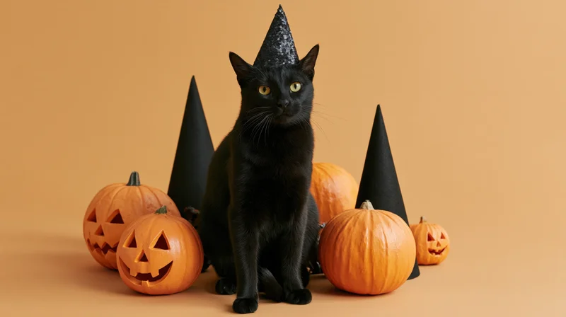 Black cat wearing a glittery witch hat sitting upright among carved pumpkins and party cones on a solid orange background
