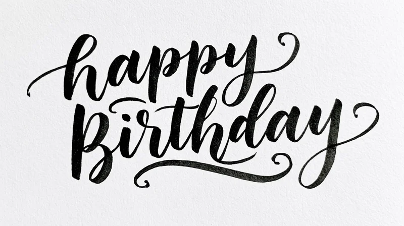 Black brush calligraphy reading happy birthday on white textured paper