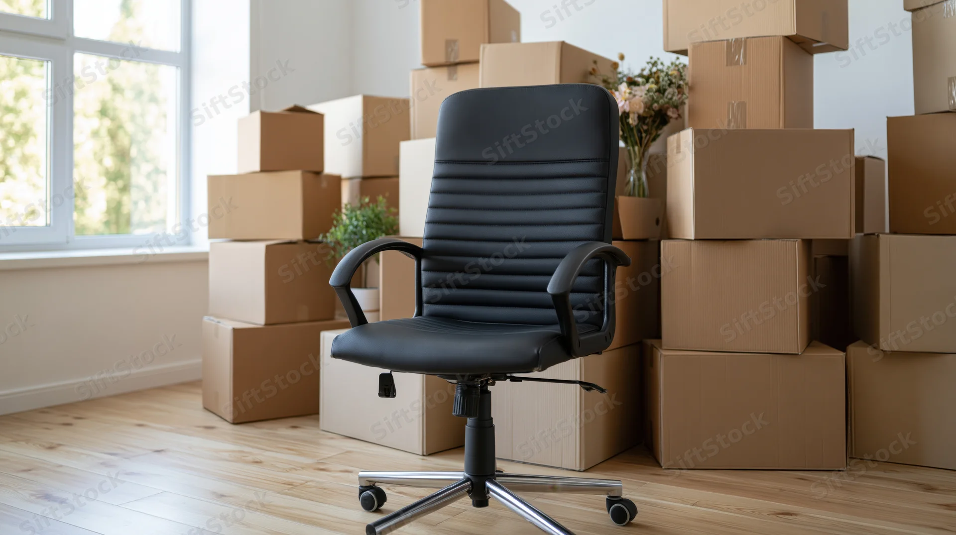 Black office chair centered in a room surrounded by stacked cardboard boxes near a window