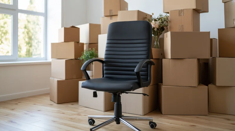 Black office chair centered in a room surrounded by stacked cardboard boxes near a window