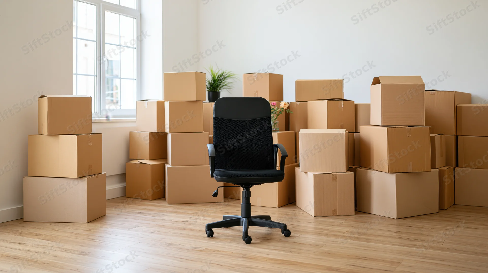 Black office chair centered in a room surrounded by stacked cardboard boxes for moving