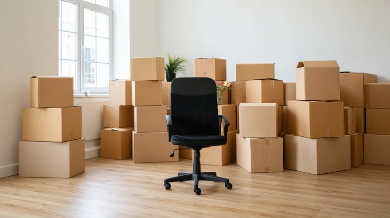 Black office chair centered in a room surrounded by stacked cardboard boxes for moving
