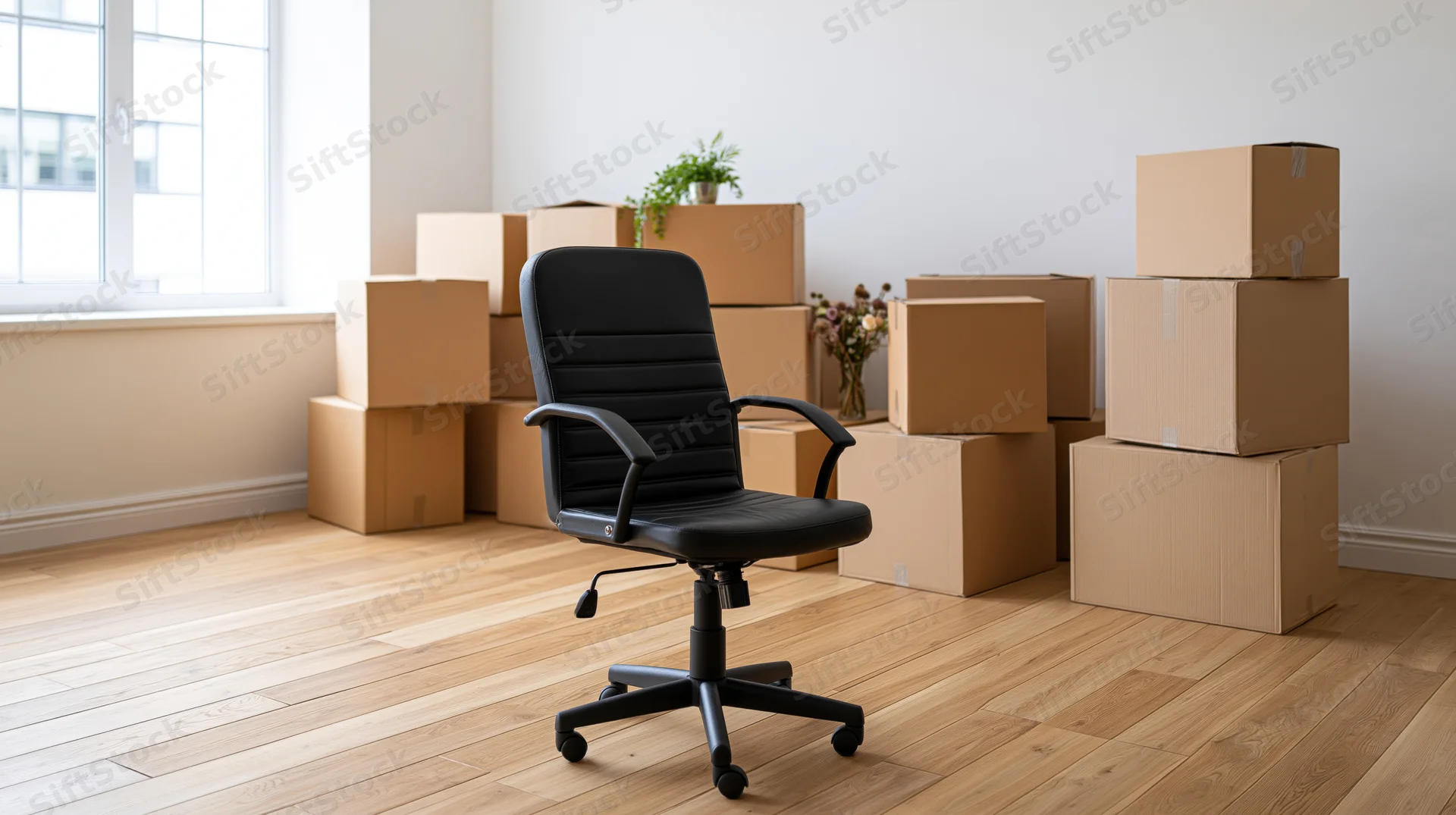 Black office chair centered in a room with stacked cardboard boxes and wooden flooring near a window