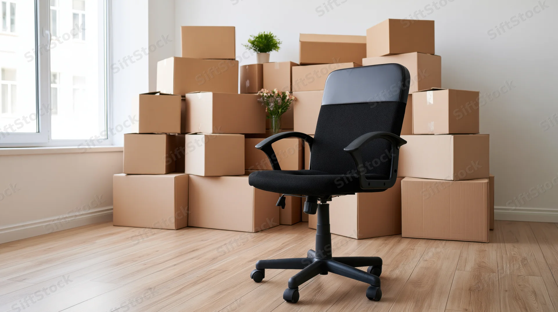 Black office chair centered in an empty room surrounded by stacked cardboard boxes near a window