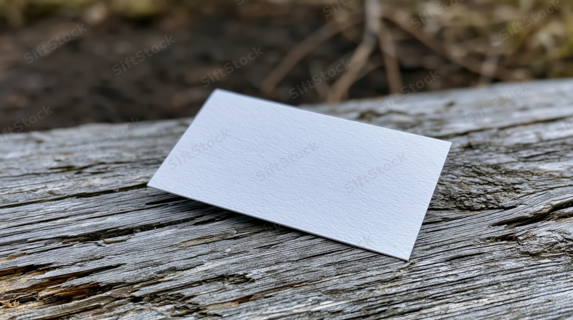 Blank white business card resting at an angle on a weathered wooden surface outdoors