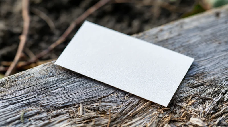 Blank white business card resting at an angle on a weathered wooden surface outdoors