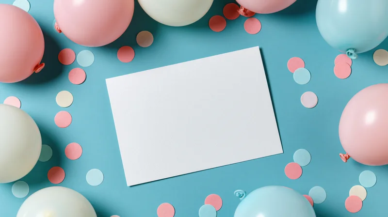 Blank white greeting card on blue surface surrounded by pink and blue balloons and confetti