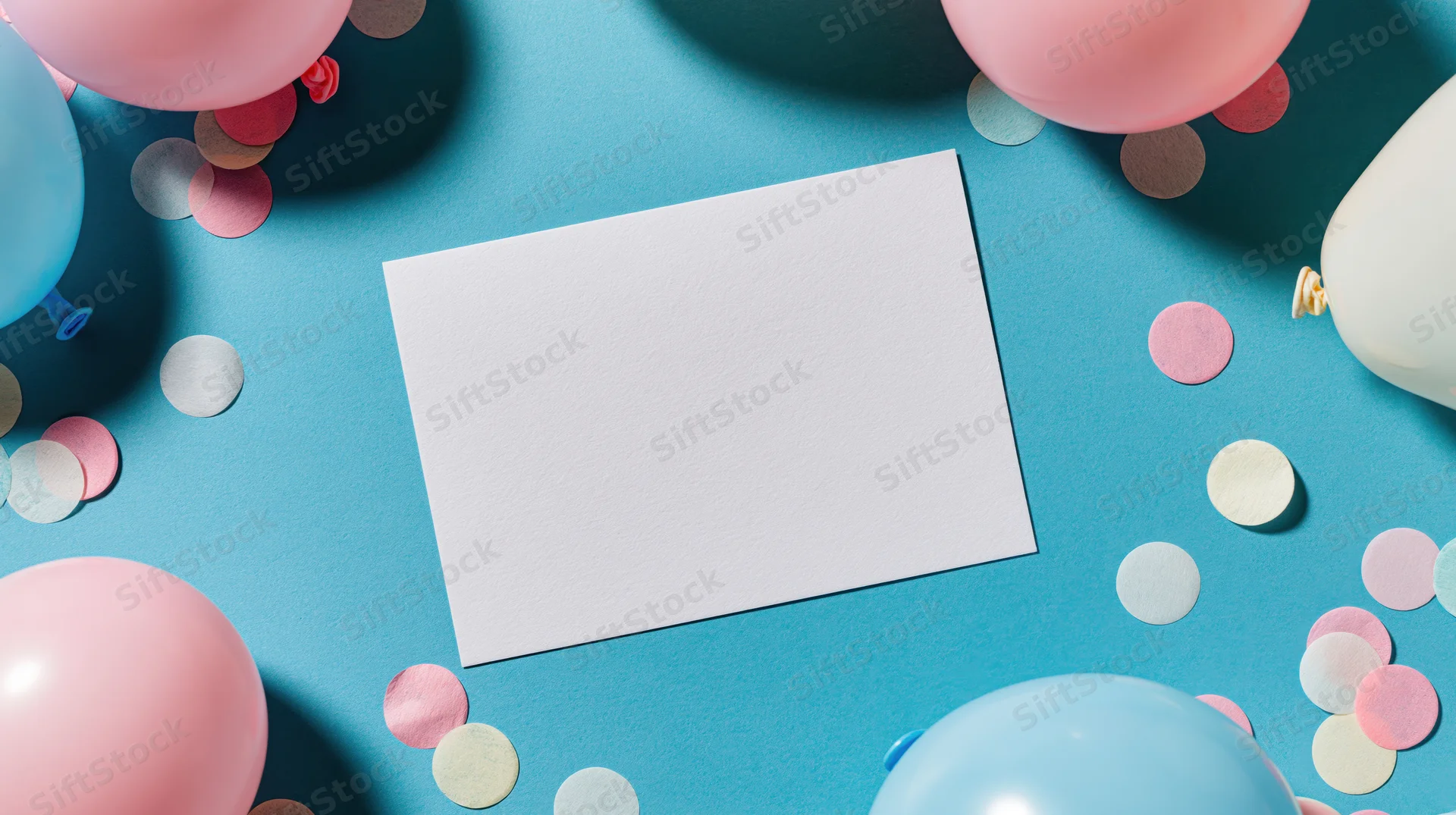 Blank white card lying flat on blue surface surrounded by pink and blue balloons and confetti