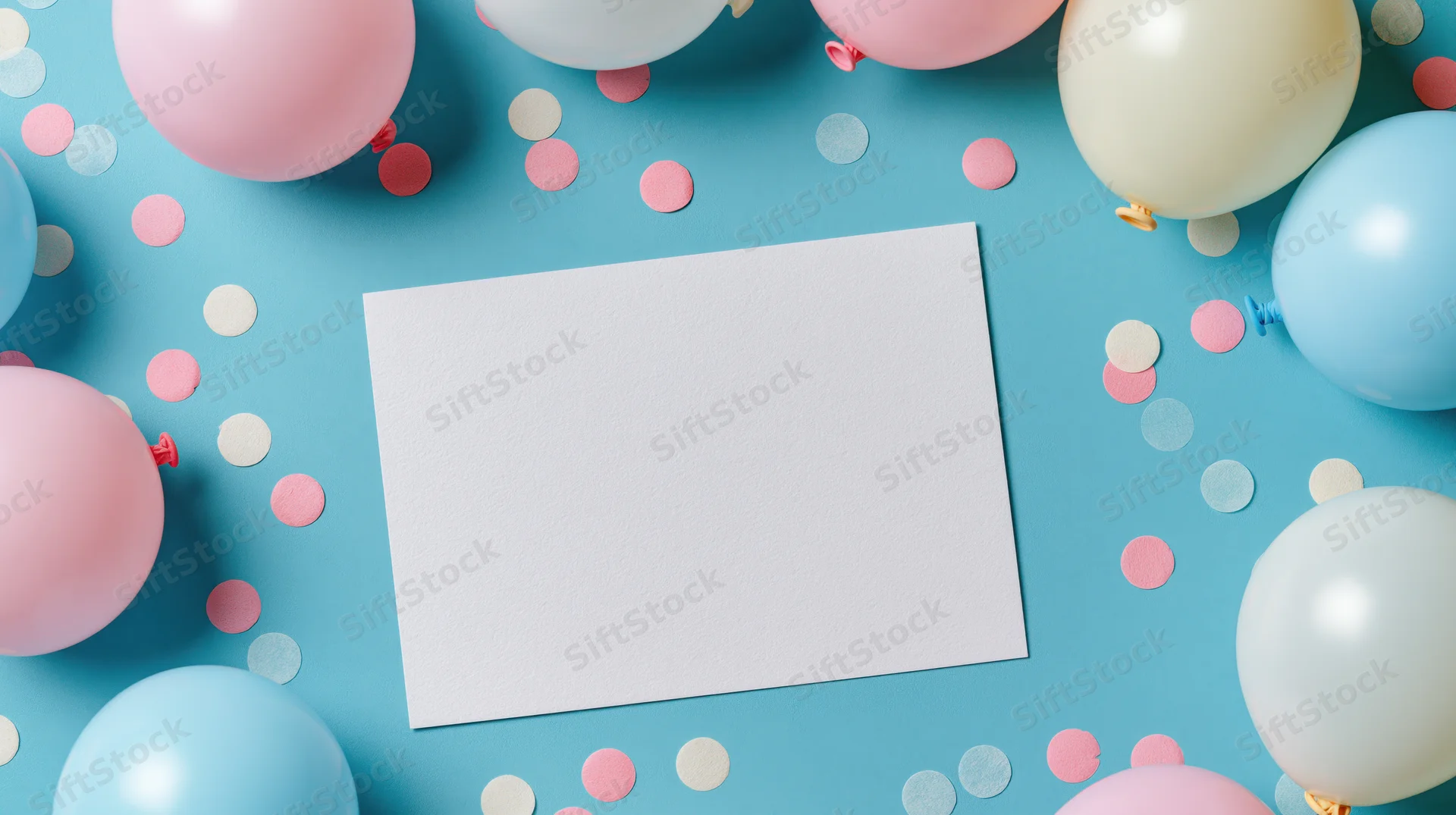 Blank white card on blue surface surrounded by pink and blue balloons and confetti