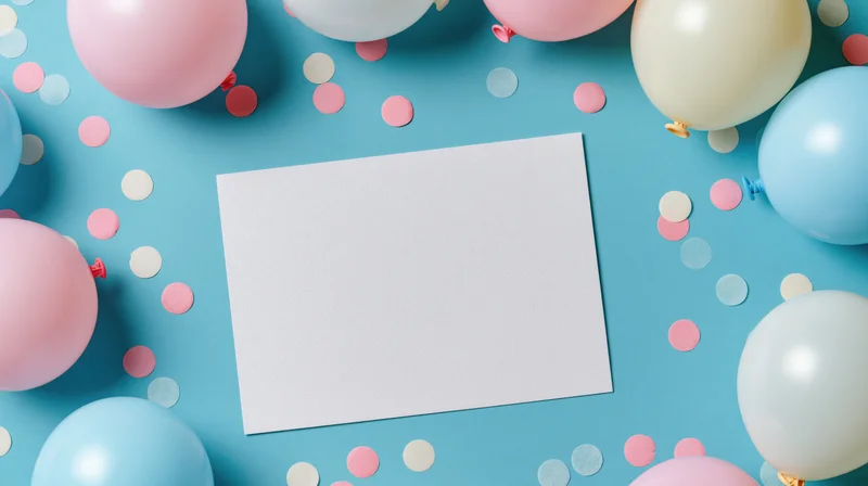 Blank white card on blue surface surrounded by pink and blue balloons and confetti