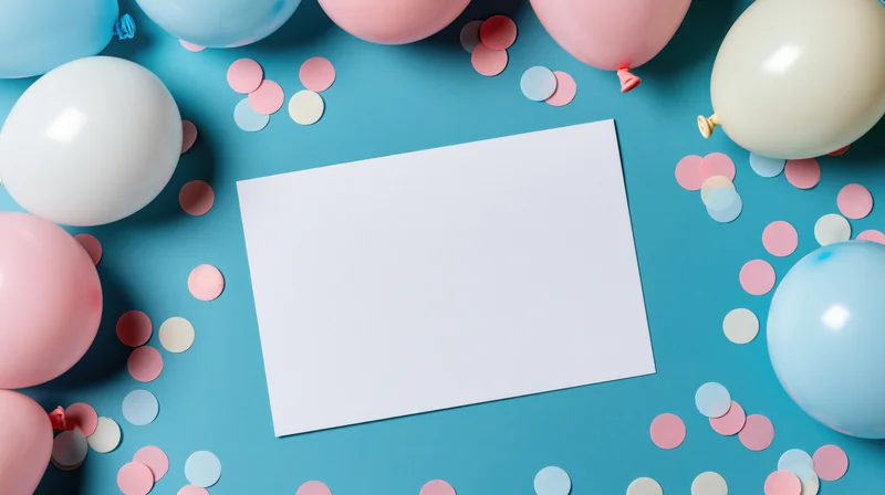 Blank white card on blue surface surrounded by pink and blue balloons and confetti