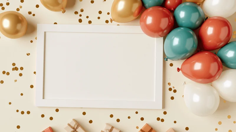 White frame mockup surrounded by colorful balloons and confetti on cream background with gift boxes and gold dots