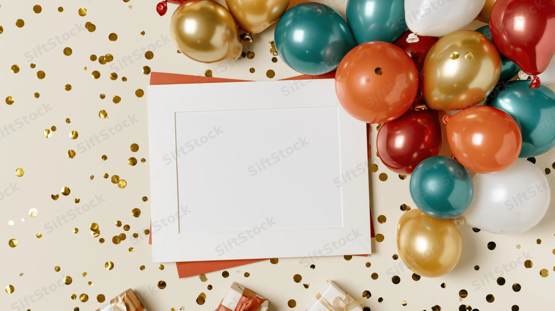 Blank white frame on cream surface with colorful balloons, confetti and gifts around it