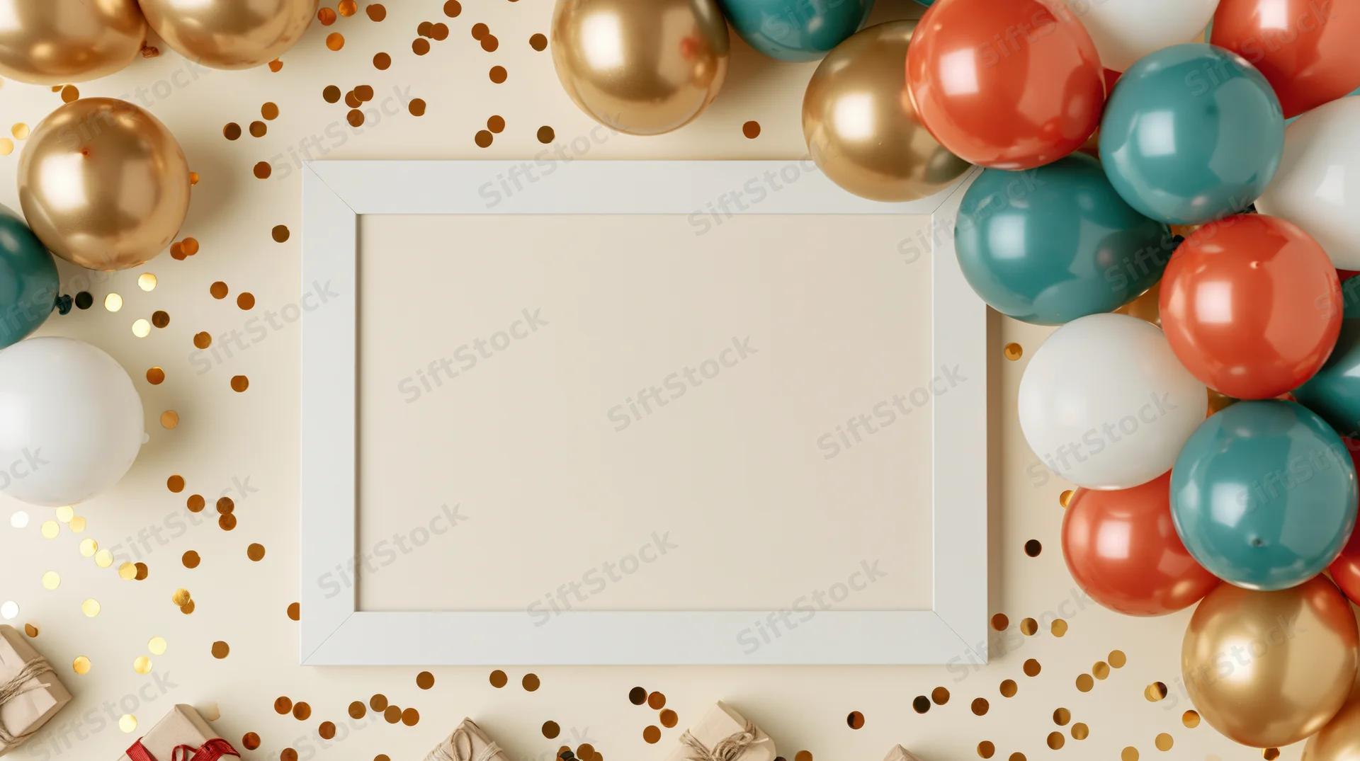 Blank white frame centered on cream surface surrounded by colorful balloons, confetti and gift boxes