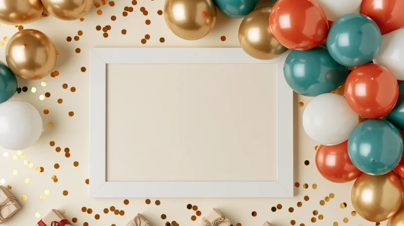 Blank white frame centered on cream surface surrounded by colorful balloons, confetti and gift boxes