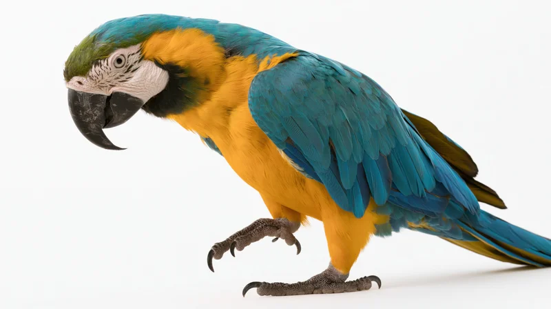Blue-and-gold macaw in profile with one foot raised on white background