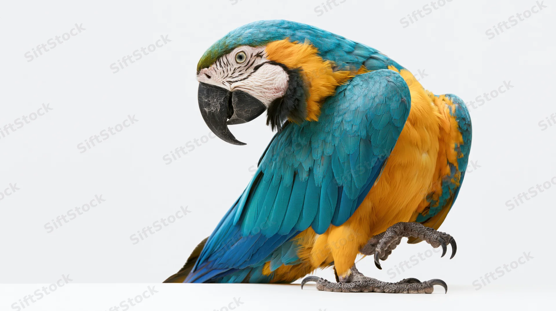 Blue-and-gold macaw perched in profile with one foot slightly raised on white background