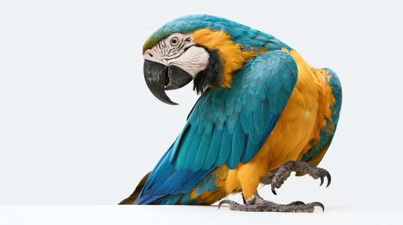 Blue-and-gold macaw perched in profile with one foot slightly raised on white background
