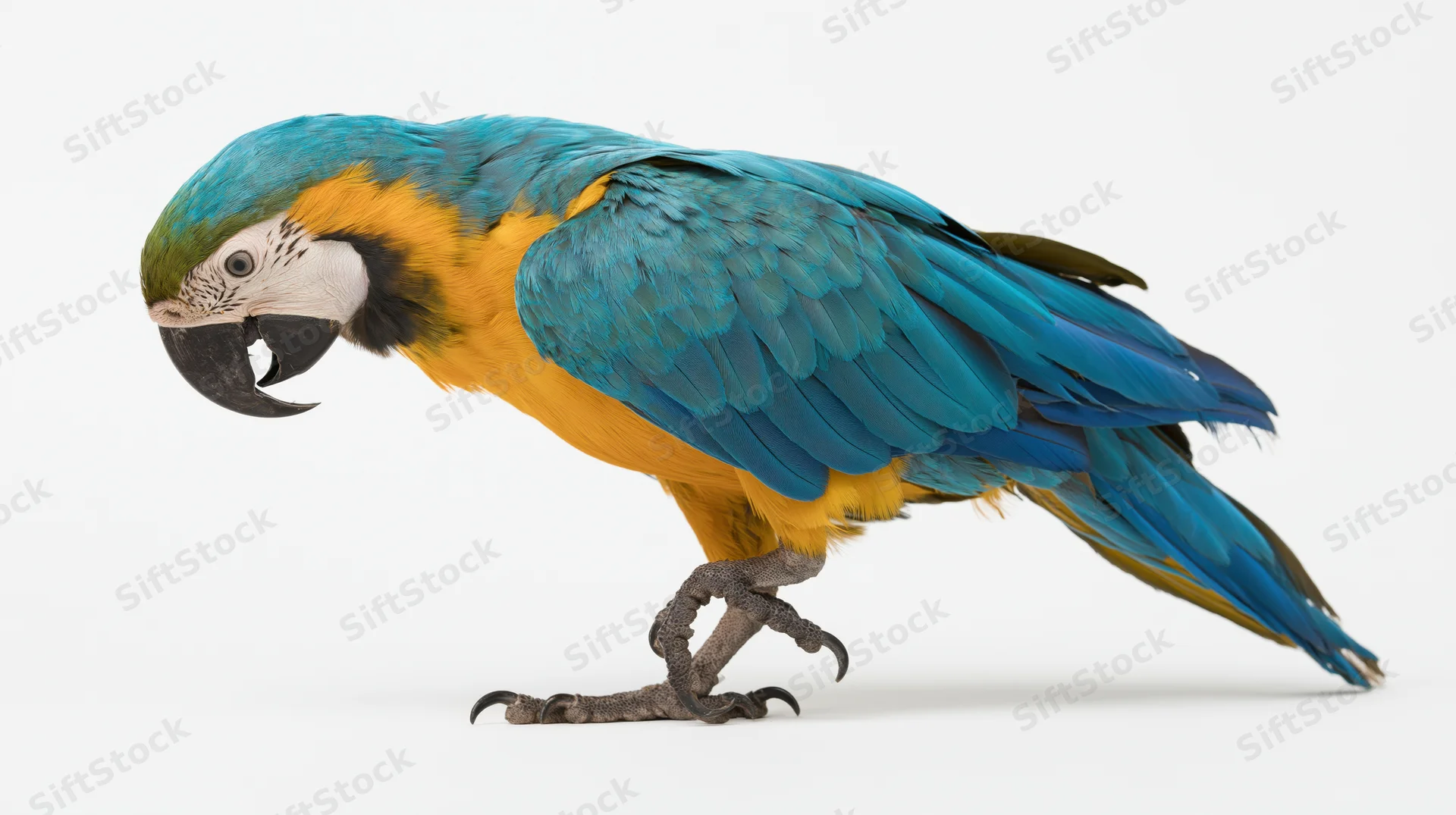 Blue-and-gold macaw in profile with one foot raised on white background
