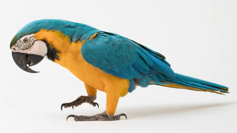 Blue-and-gold macaw standing in profile with one foot raised on white background