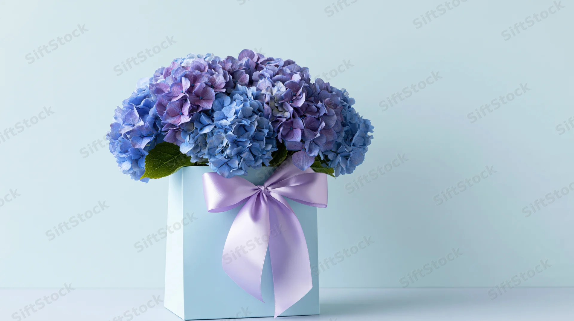Blue and purple hydrangea bouquet in a light blue gift box with a satin ribbon bow