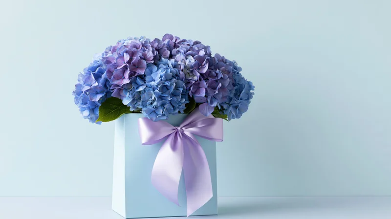 Blue and purple hydrangea bouquet in a light blue gift box with a satin ribbon bow