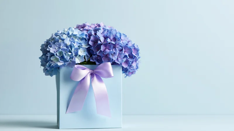 Blue and purple hydrangea bouquet in a light blue gift box with a satin ribbon bow