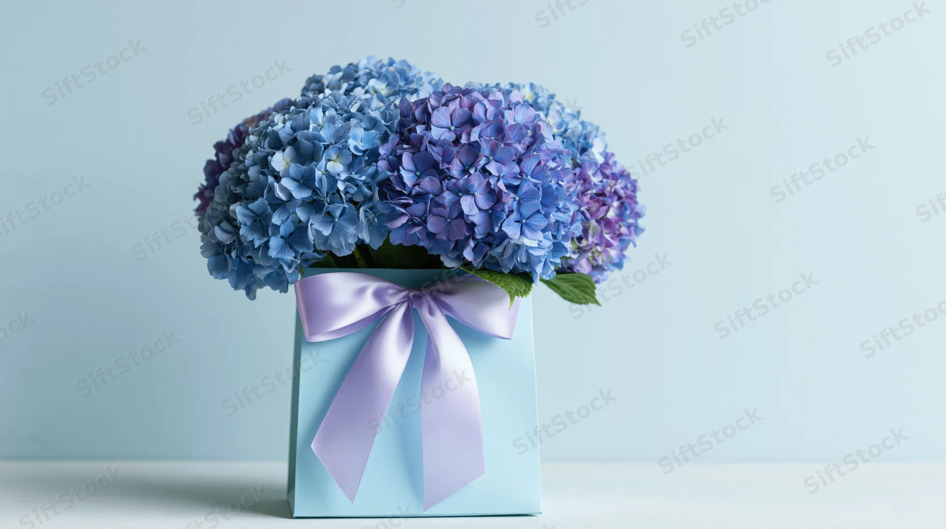 Blue and purple hydrangea bouquet in a light blue gift box with satin ribbon bow