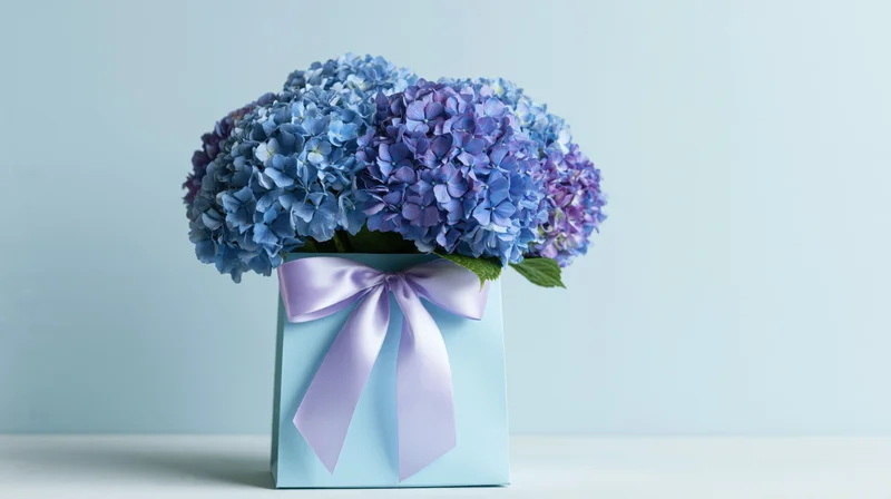 Blue and purple hydrangea bouquet in a light blue gift box with satin ribbon bow