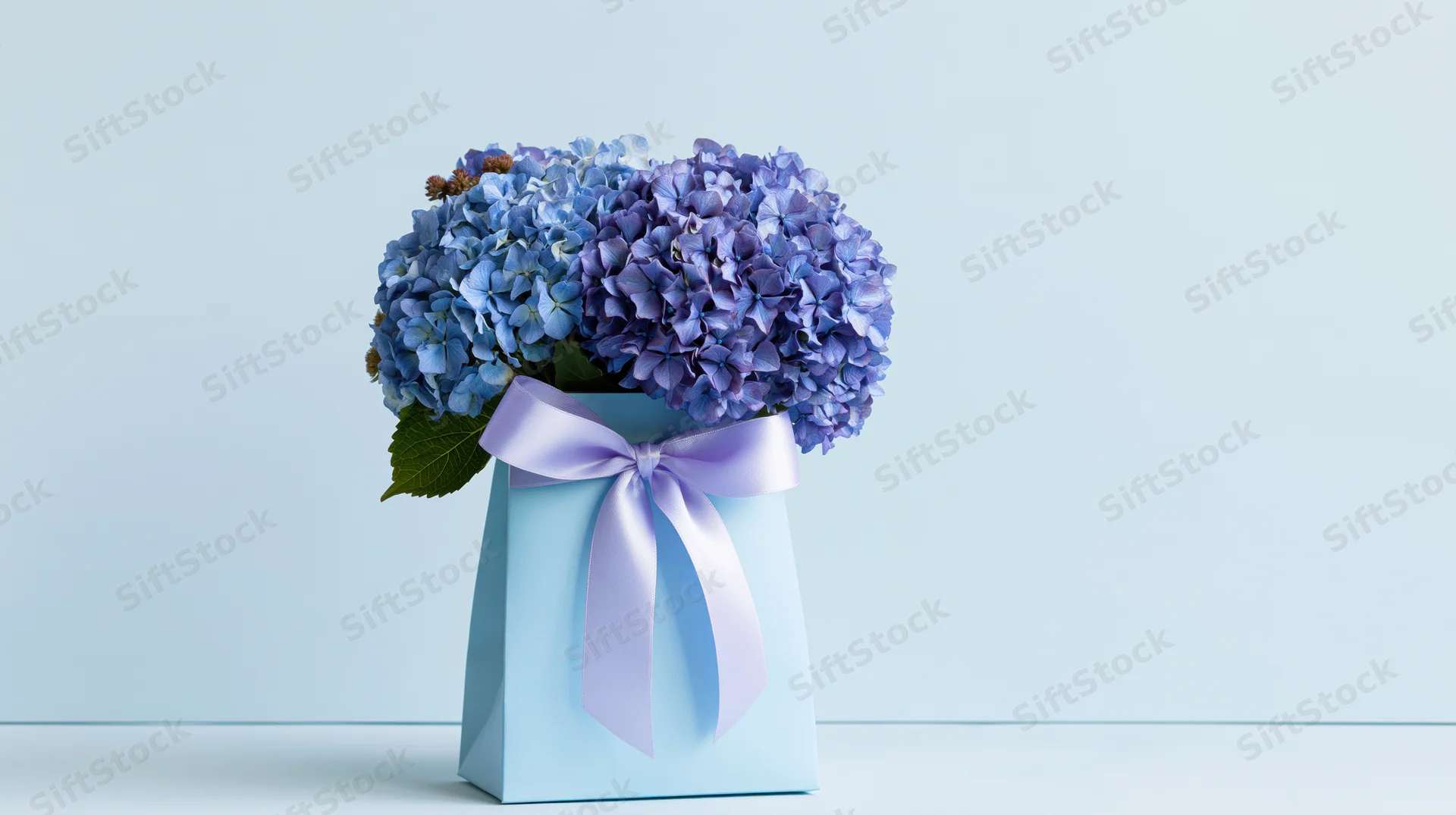 Blue and purple hydrangea bouquet in a light blue gift bag with ribbon on a plain background