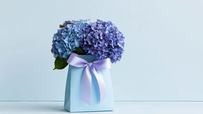 Blue and purple hydrangea bouquet in a light blue gift bag with ribbon on a plain background