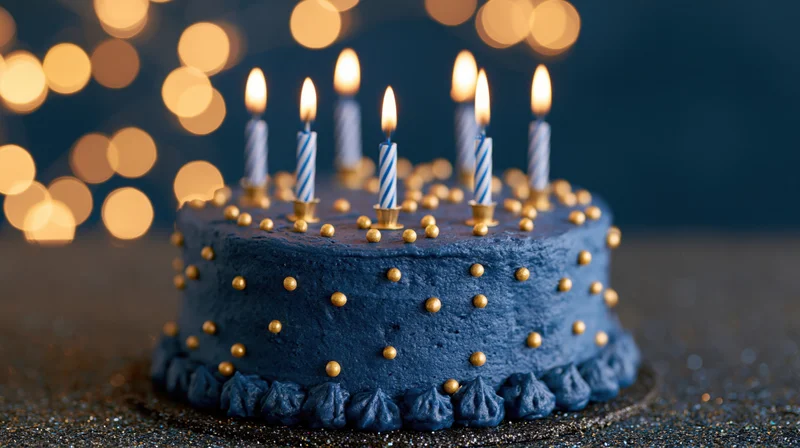 Blue cake with gold sugar pearls and candles