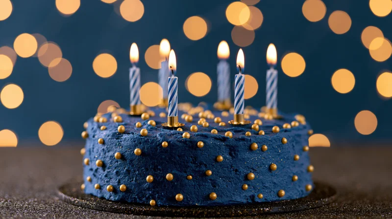 Blue frosted birthday cake with lit candles and gold sugar pearls on dark surface against warm bokeh lights
