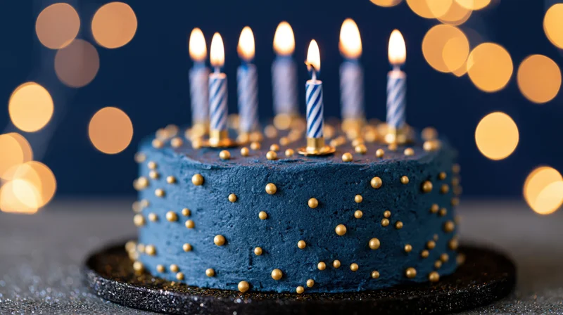 Blue frosted birthday cake with lit candles and gold sugar pearls on a dark background with bokeh lights