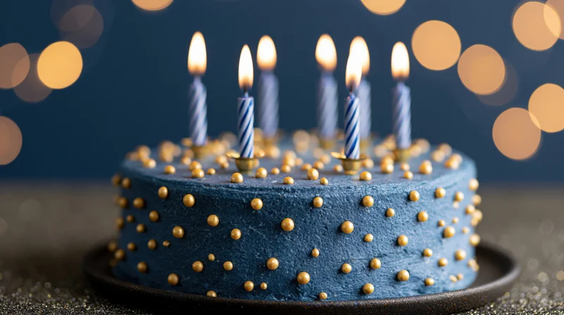 Blue frosted birthday cake with lit candles and gold sugar pearls on a dark surface with bokeh lights in the background