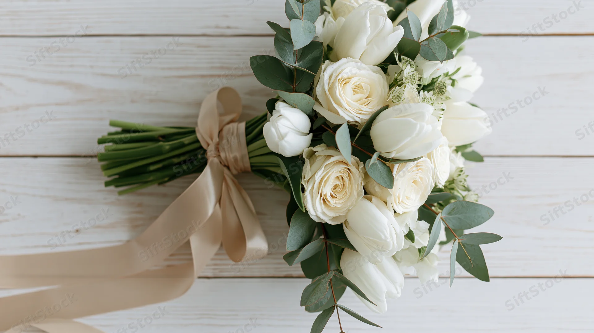 Bridal bouquet of white tulips and cream roses with eucalyptus on wooden surface