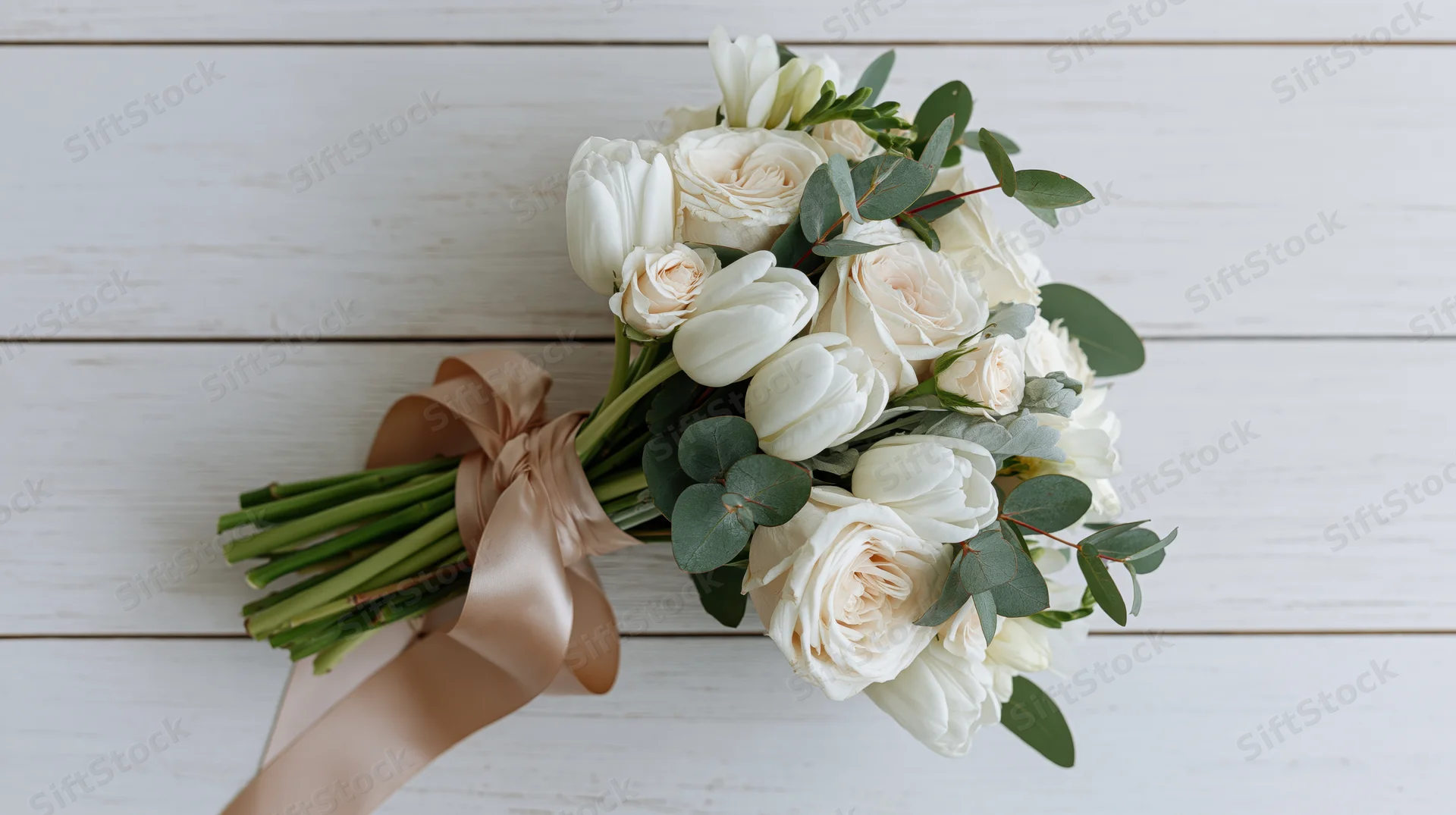 Bridal bouquet of white tulips and cream roses with eucalyptus on wooden surface