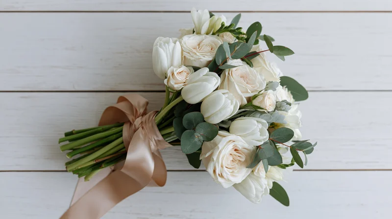 Bridal bouquet of white tulips and cream roses with eucalyptus on wooden surface