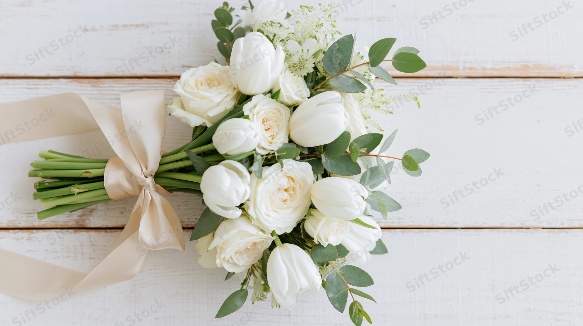 Bridal bouquet of white tulips and cream roses with eucalyptus on a white wooden surface