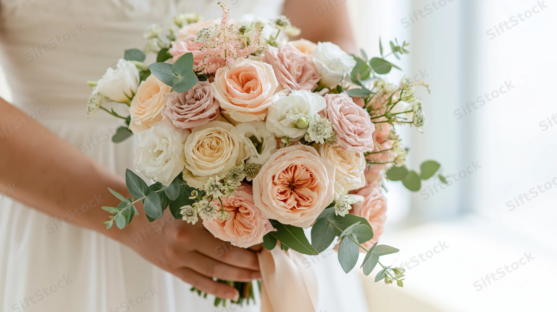 Bride holding a bouquet of peach blush pink and white roses with greenery indoors