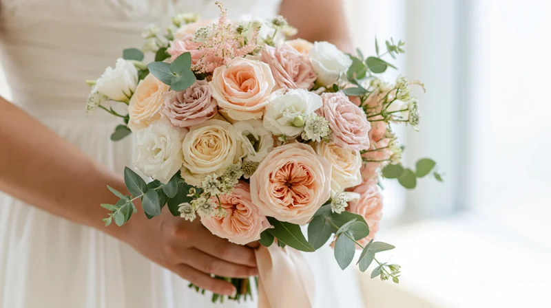Bride holding a bouquet of peach blush pink and white roses with greenery indoors
