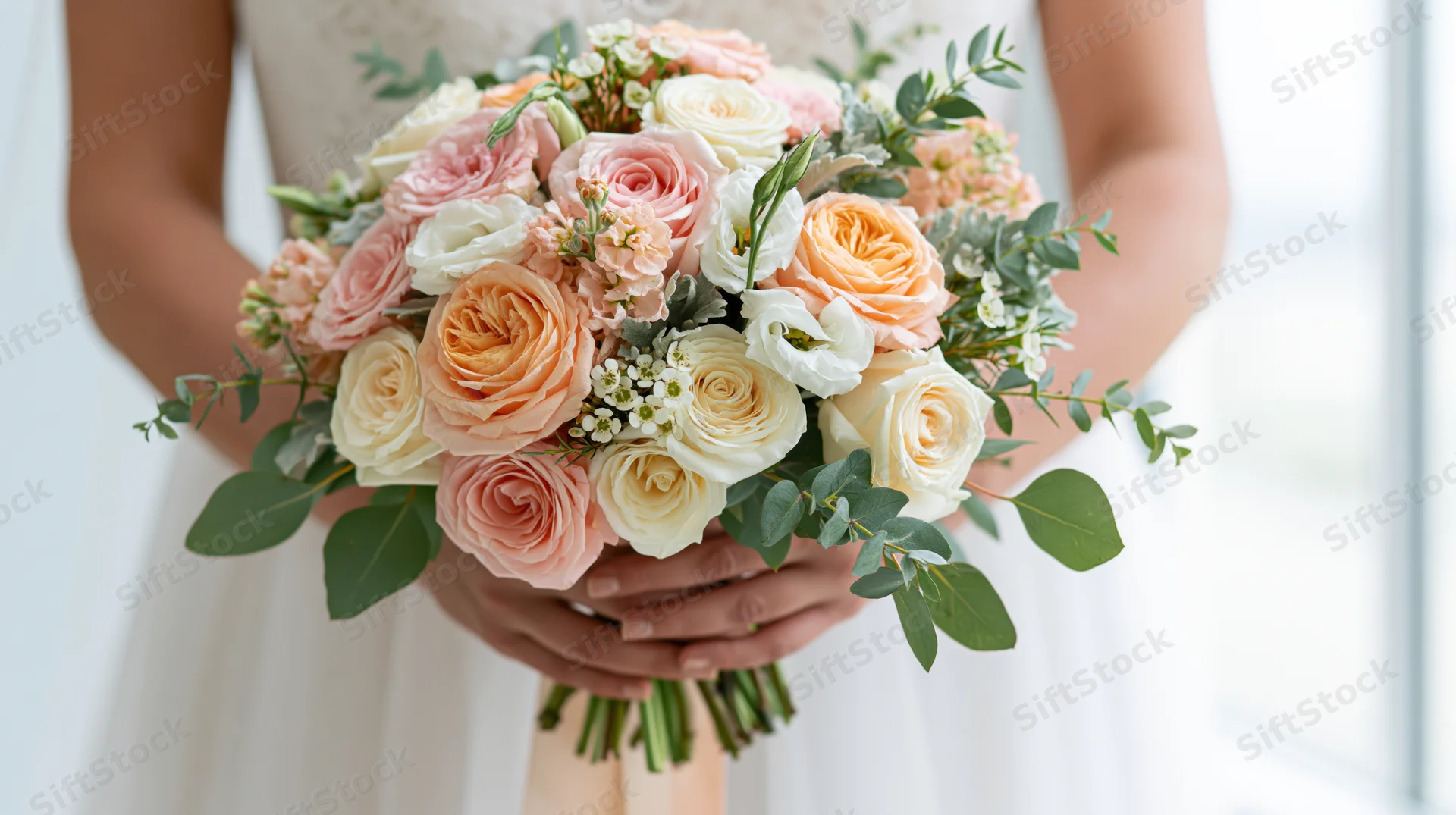 Bride holding a floral bouquet of peach, pink and cream roses with greenery in her hands