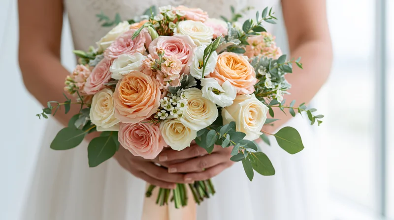 Bride holding a floral bouquet of peach, pink and cream roses with greenery in her hands