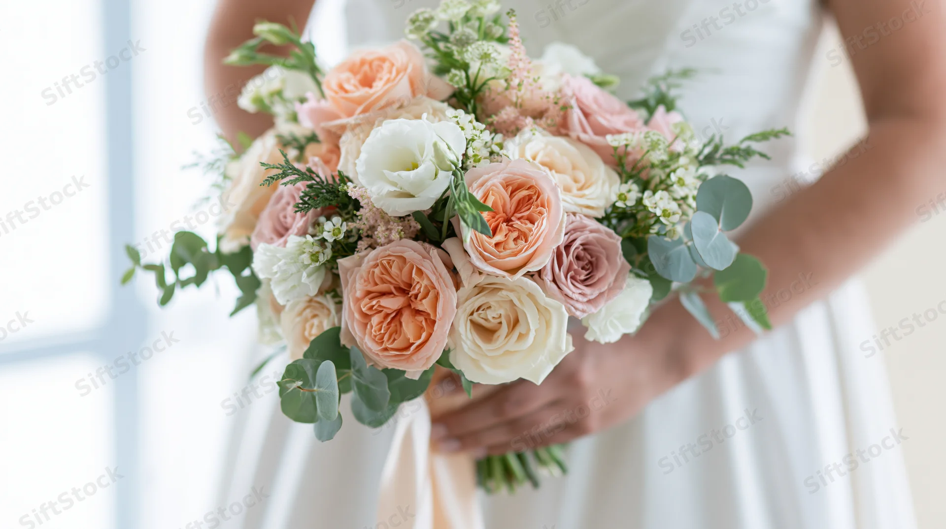Bride holding a full bridal bouquet of peach blush pink and white roses with greenery indoors
